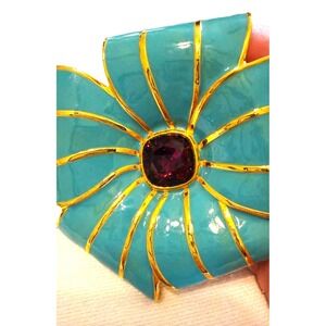Kenneth Jay Lane Vintage Turquoise Enamel Purple Stone Bold Statement Brooch 80s